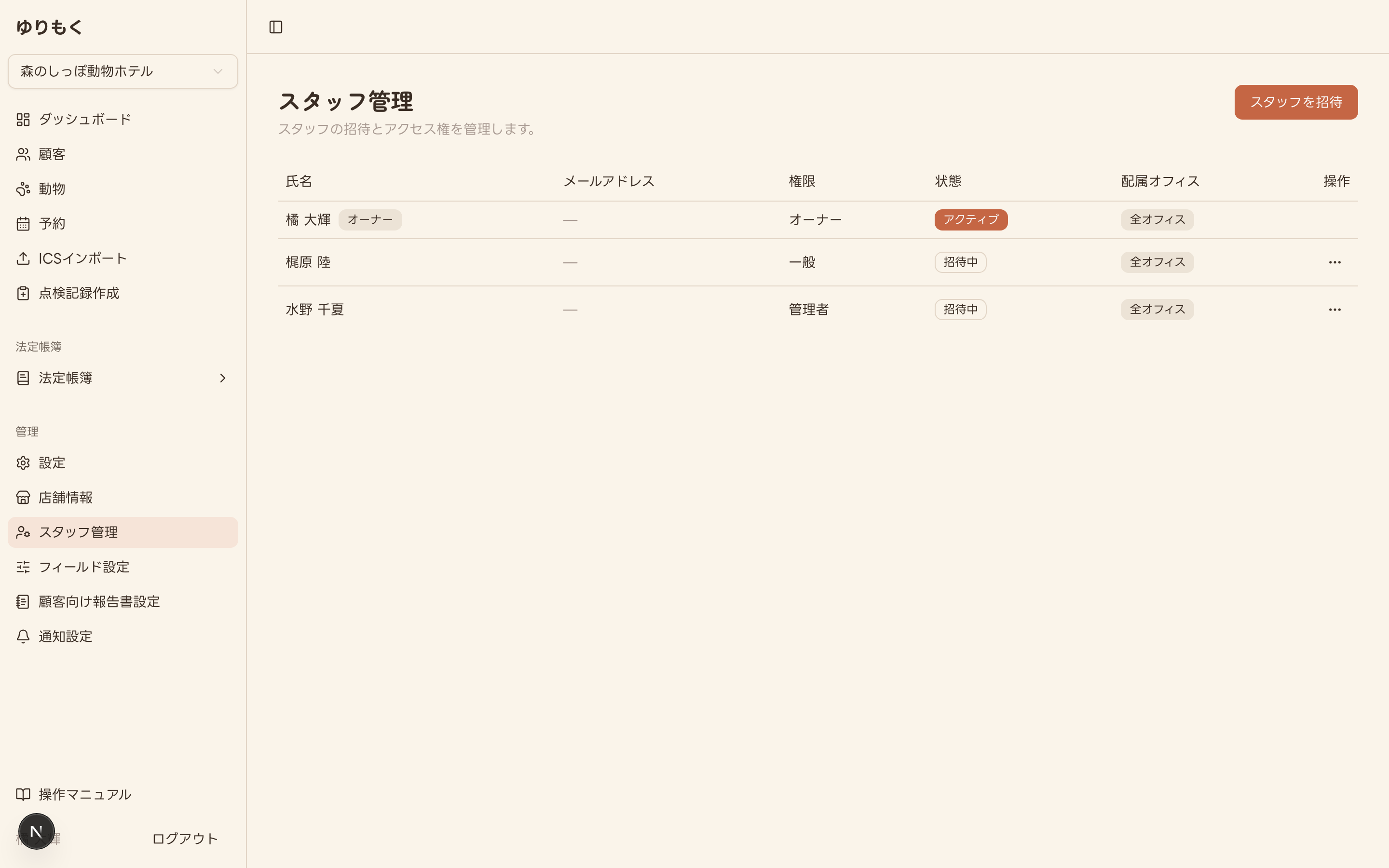 スタッフ管理の一覧画面(オーナー・管理者・一般スタッフ、アクティブ・招待中の状態、配属オフィス列の表示)