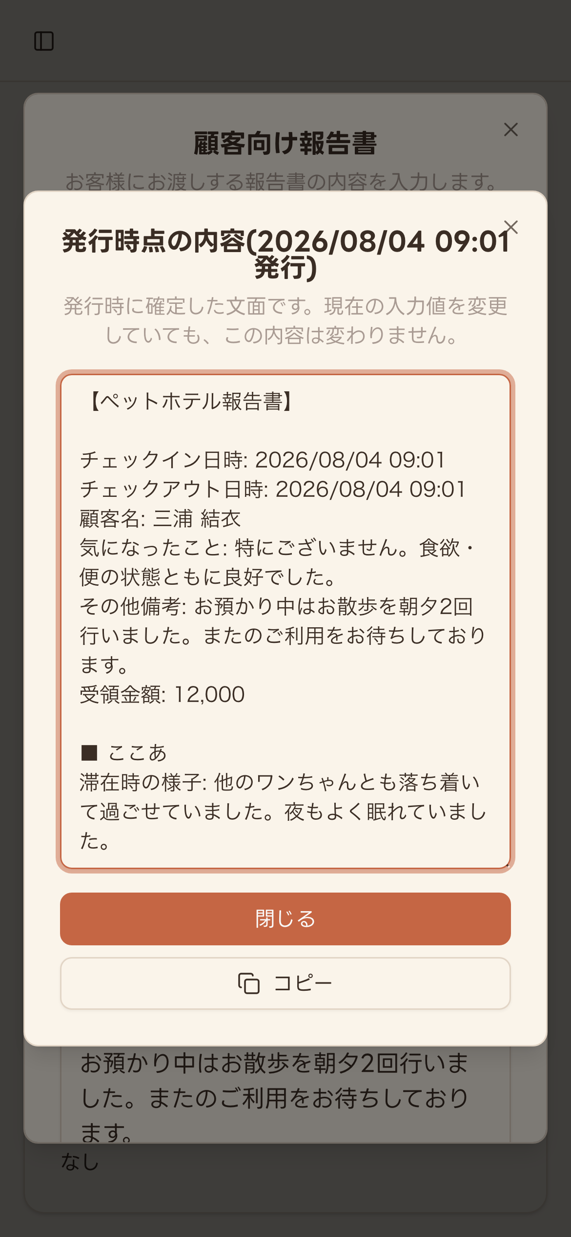 発行時点の内容ダイアログ