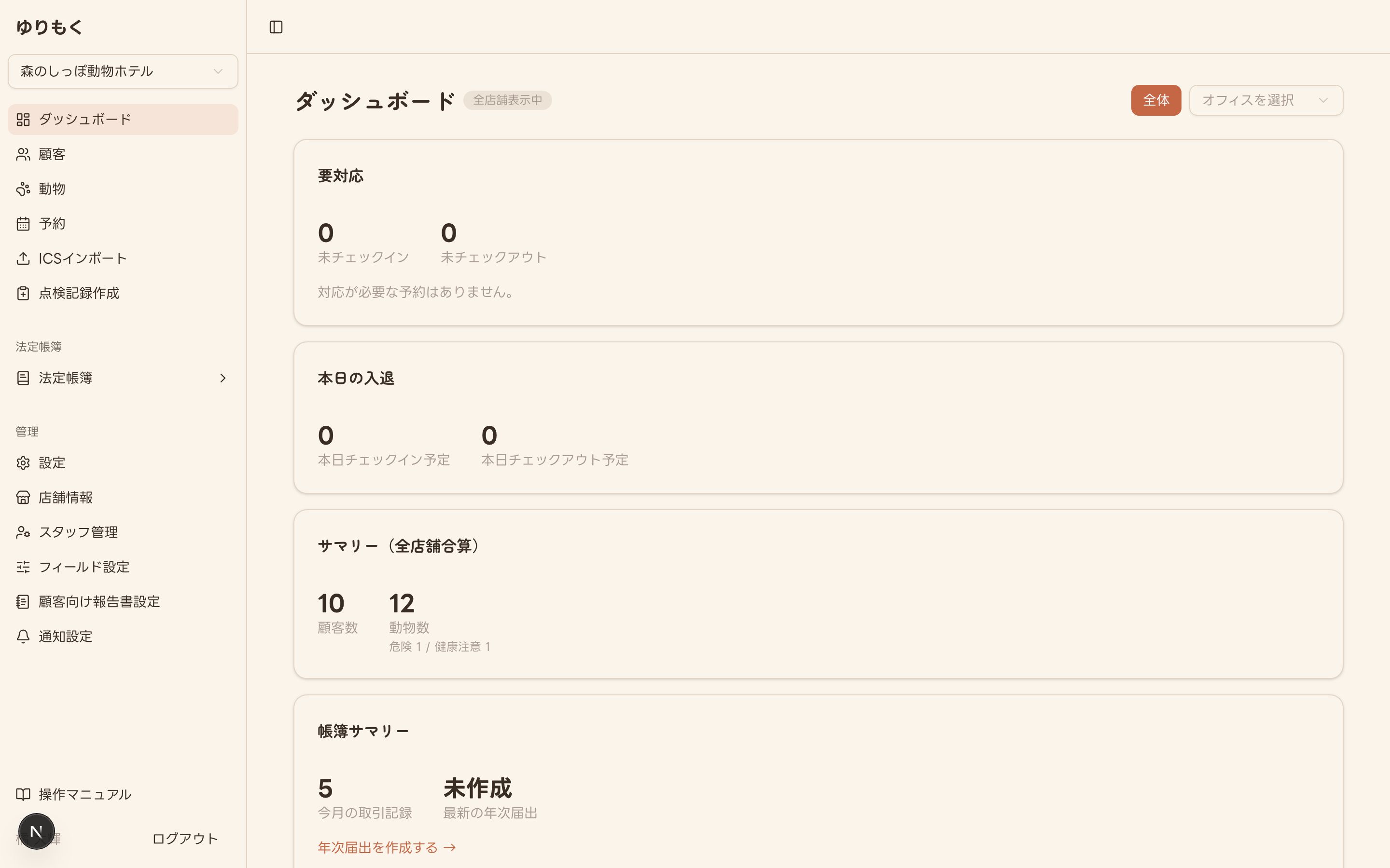 ログイン直後のダッシュボード画面(オフィス切替トグル・全店舗表示中バッジを含む)