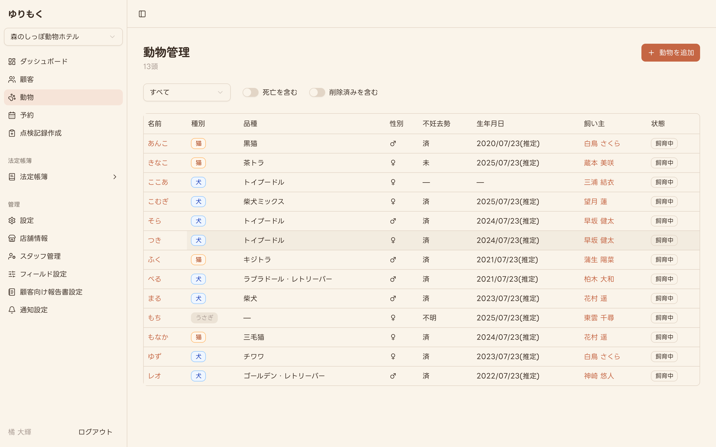 動物管理の一覧画面